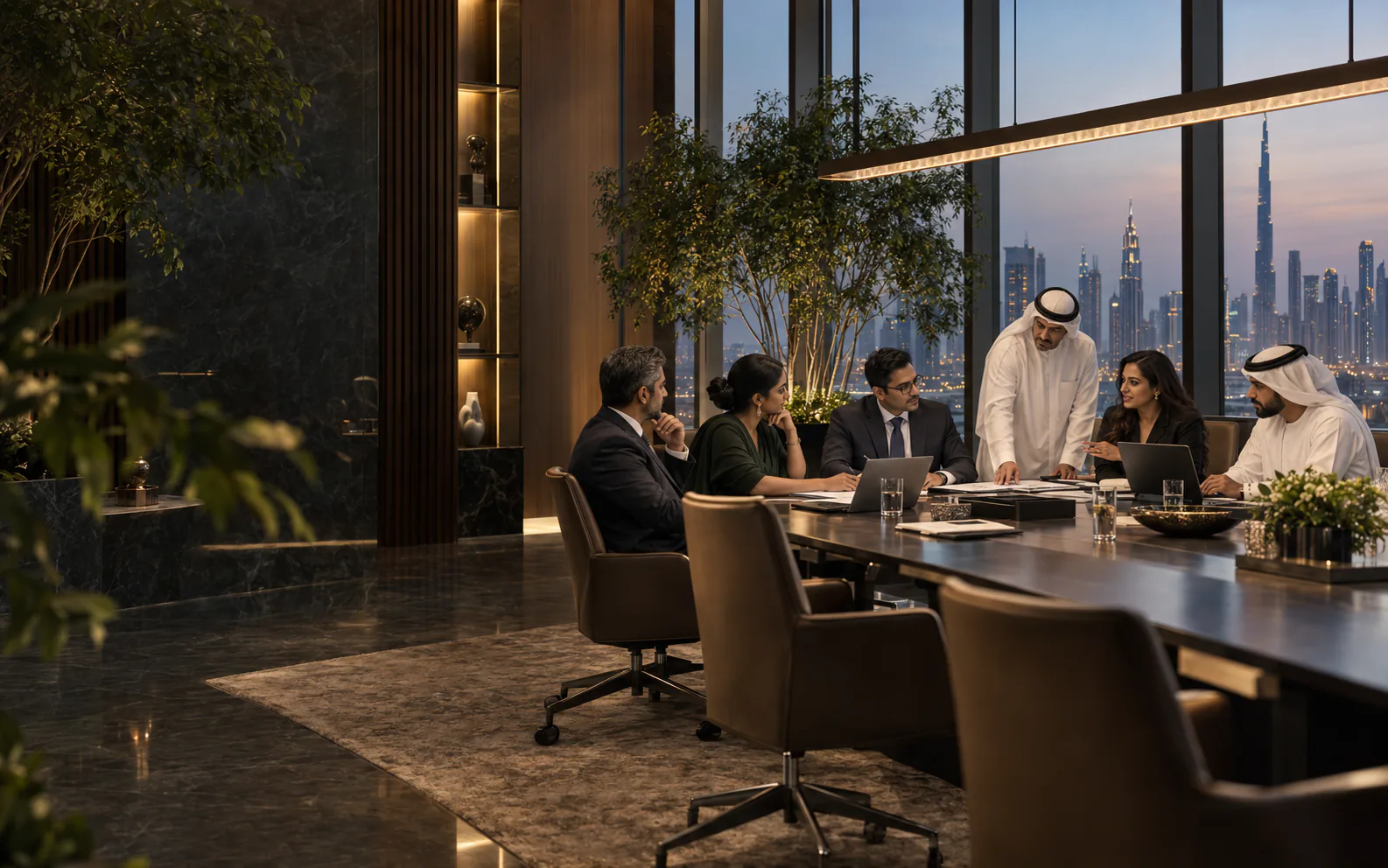 Entrepôt Group executives collaborating in a refined boardroom
