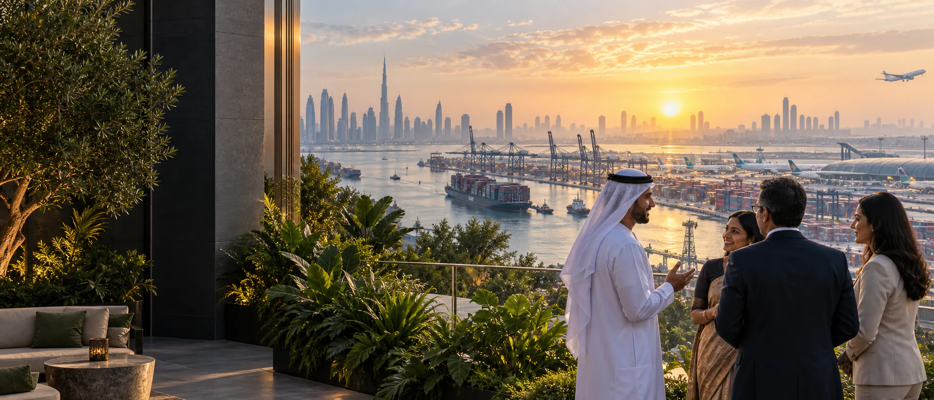 Emirati and Indian business leaders overlooking a global trade and aviation hub